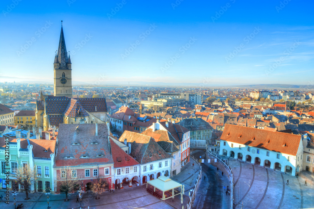 Obraz premium Aerial view over Sibiu, cityscape from the church tower in a daytime