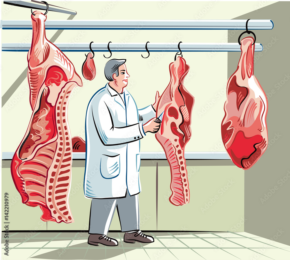 Butcher in a slaughterhouse, dissects, and prepare a side of beef in