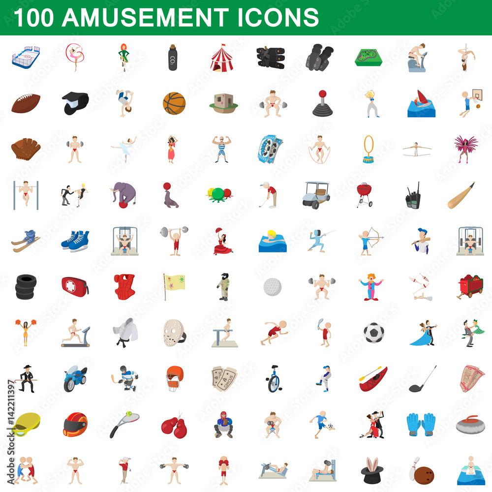 100 amusement icons set, cartoon style