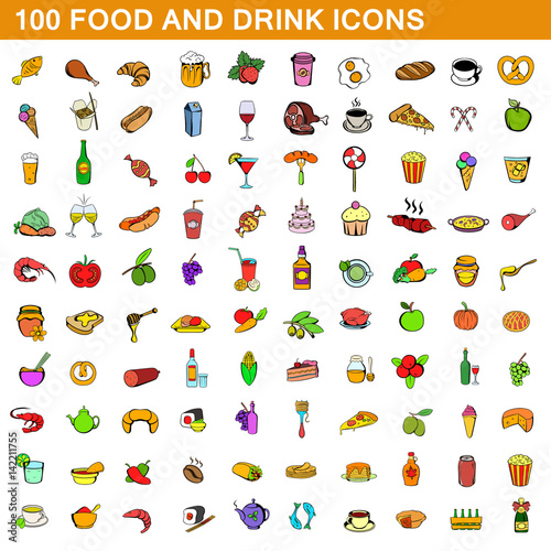 100 food and drink icons set, cartoon style