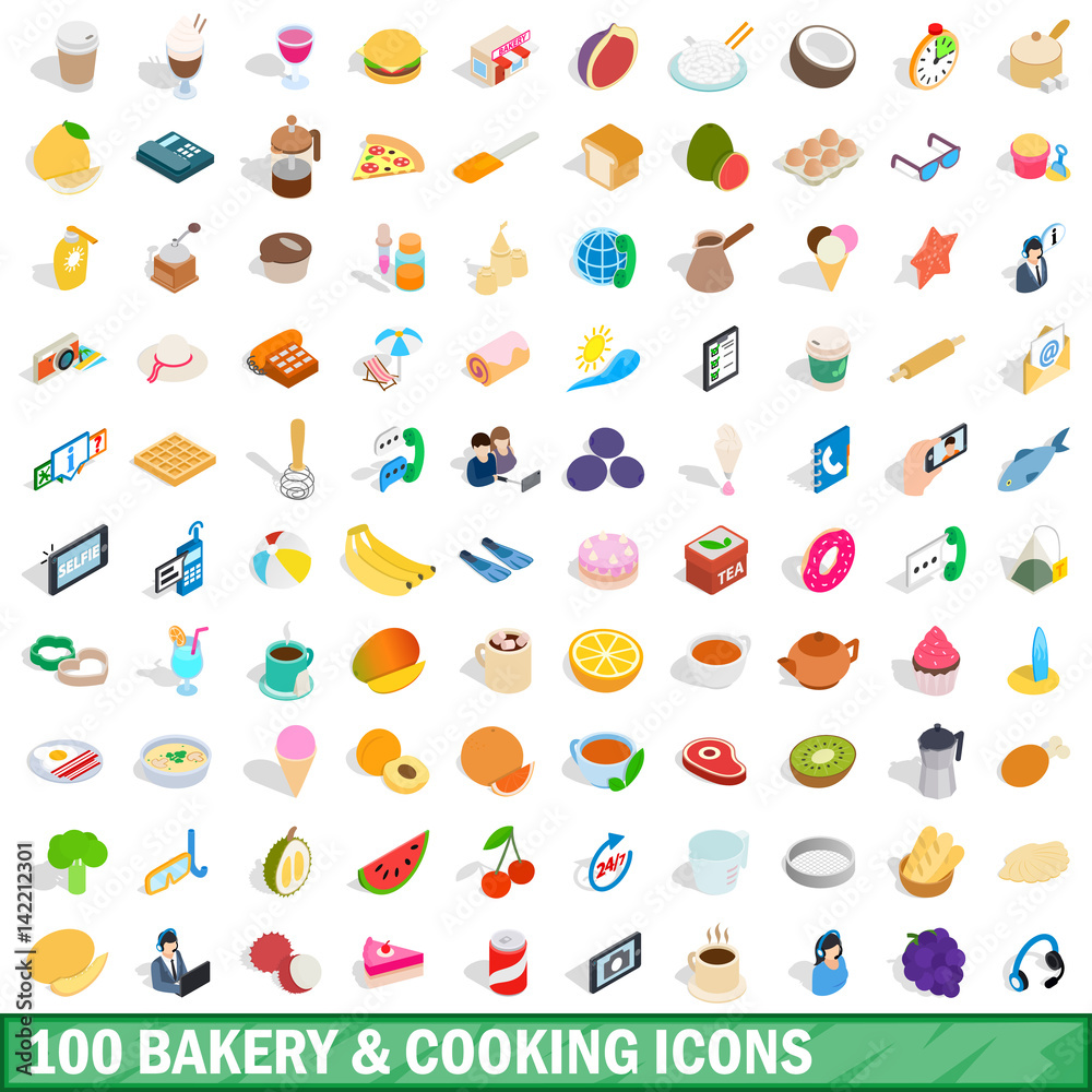 100 bakery cooking icons set, isometric 3d style 100 bakery cooking icons set, isometric 3d style