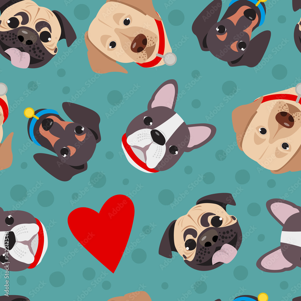 Vector illustration, seamless pattern of funny head of purebred dogs. Different type head of cartoon dogs. Vector illustration, seamless pattern of funny head of purebred dogs. Different type head of cartoon dogs.