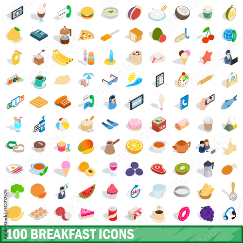 100 breakfast icons set, isometric 3d style