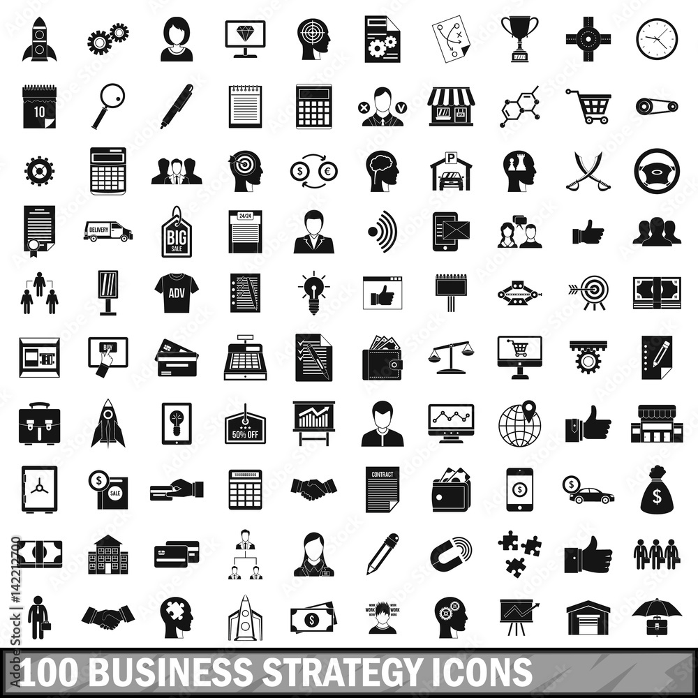 100 business strategy icons set, simple style 