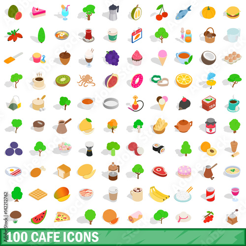 Fototapeta Naklejka Na Ścianę i Meble -  100 cafe icons set, isometric 3d style