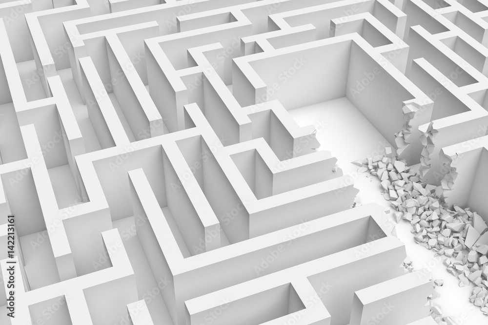 3d rendering of a white square maze with a direct route cut right to the center in close up view 3d rendering of a white square maze with a direct route cut right to the center in close up view
