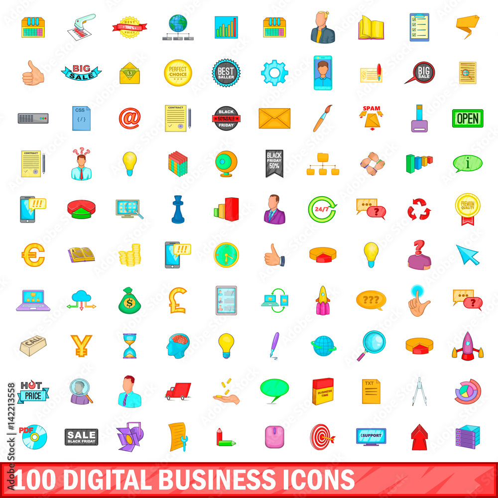 100 digital business icons set, cartoon style 100 digital business icons set, cartoon style