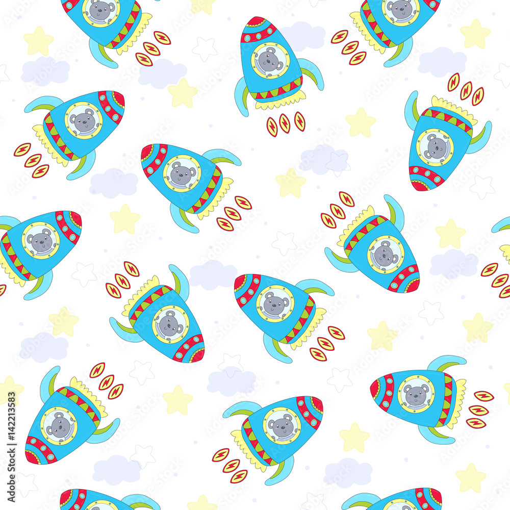 hand drawn Sample pattern with cute Rocket and bear vector illustration.