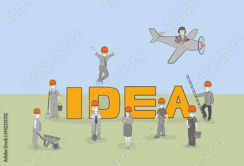 Cartoon working little people with word Idea. Doodle cute miniature scene of workers about creativity. Hand drawn cartoon vector illustration for business design.