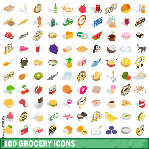 100 grocery icons set  isometric 3d style