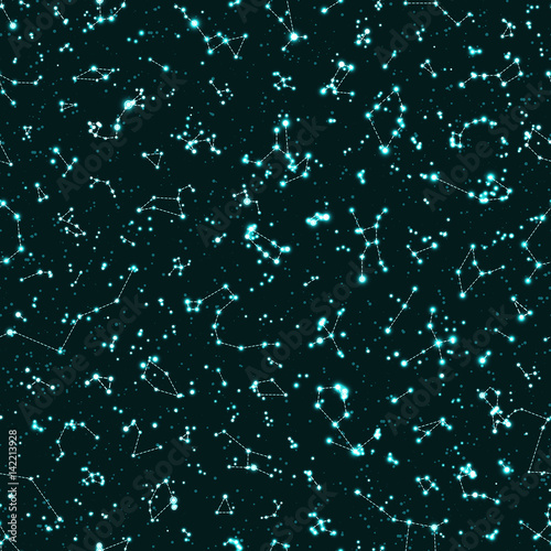 Vector seamless pattern with glow constellations on dark green background. Astronomy scientific school vintage background