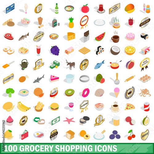 100 grocery shopping icons set  isometric 3d style