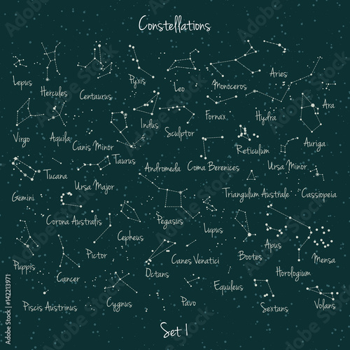 Vector big set of 45 constellations on green retro background. Astronomy education school set