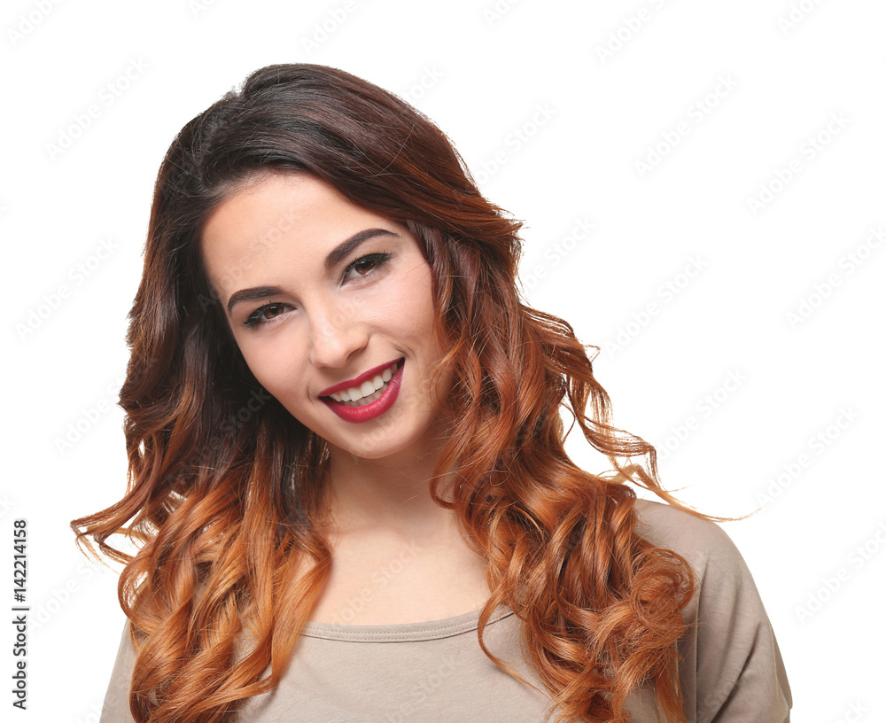 Young beautiful woman with modern hairstyle on white background Young beautiful woman with modern hairstyle on white background