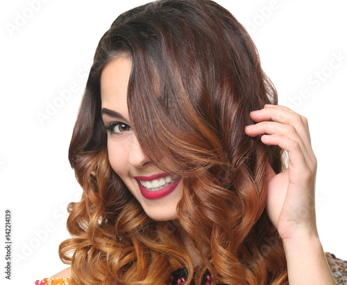 Young beautiful woman with modern hairstyle on white background