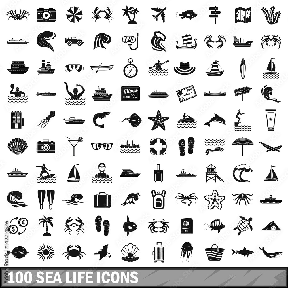 Fototapeta premium 100 sea life icons set, simple style 