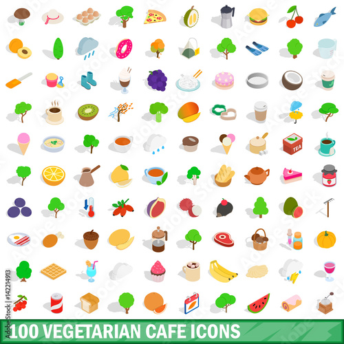 100 vegetarian cafe icons set, isometric 3d style
