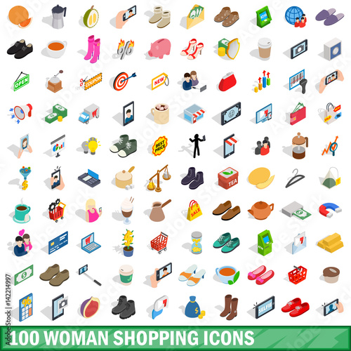 100 woman shopping icons set, isometric 3d style