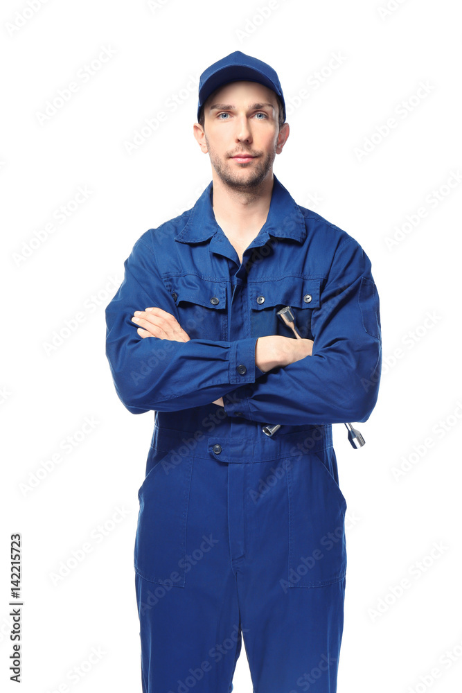 Handsome auto mechanic on white background Handsome auto mechanic on white background