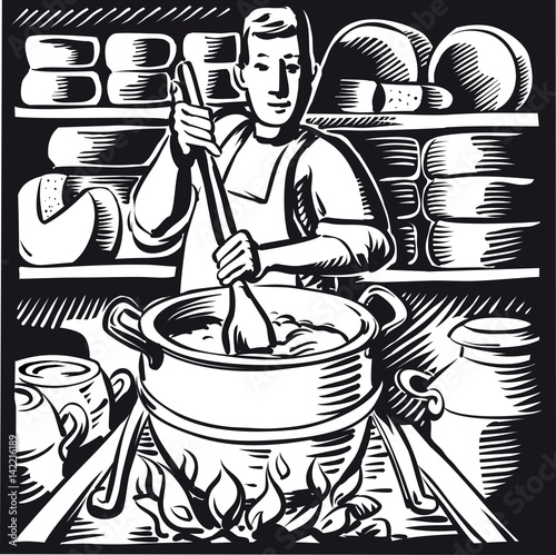 Cheesemaker, in dairy mixes the curd to make cheese