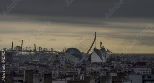 Beautiful aerial view of the center and of the City of Arts and Sciences, Valencia, Spain, at sunset photo
