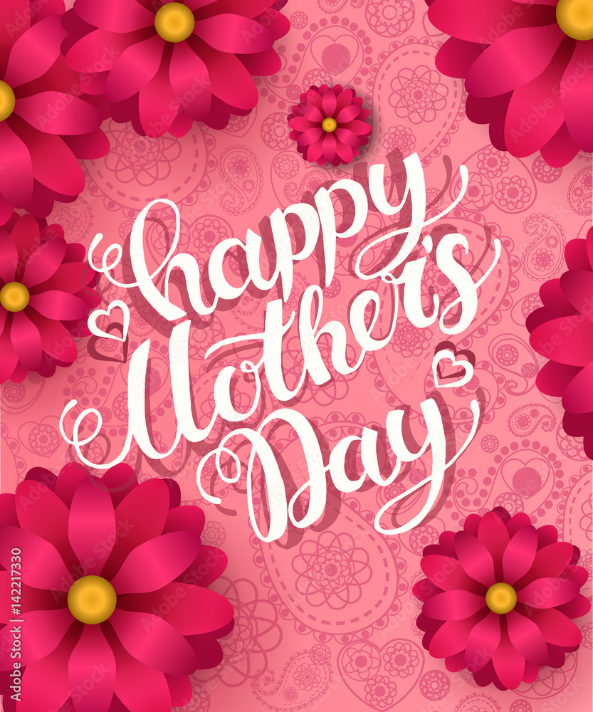 Mom's day greeting poster design. Vector card with hand writting lettering and spring flowers on pink paisley pattern. Mom's day greeting poster design. Vector card with hand writting lettering and spring flowers on pink paisley pattern.