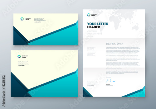 Envelope DL, C5, Letterhead. Teal Corporate business template for envelope and letter. Layout with modern triangle elements and abstract background. Creative vector concept