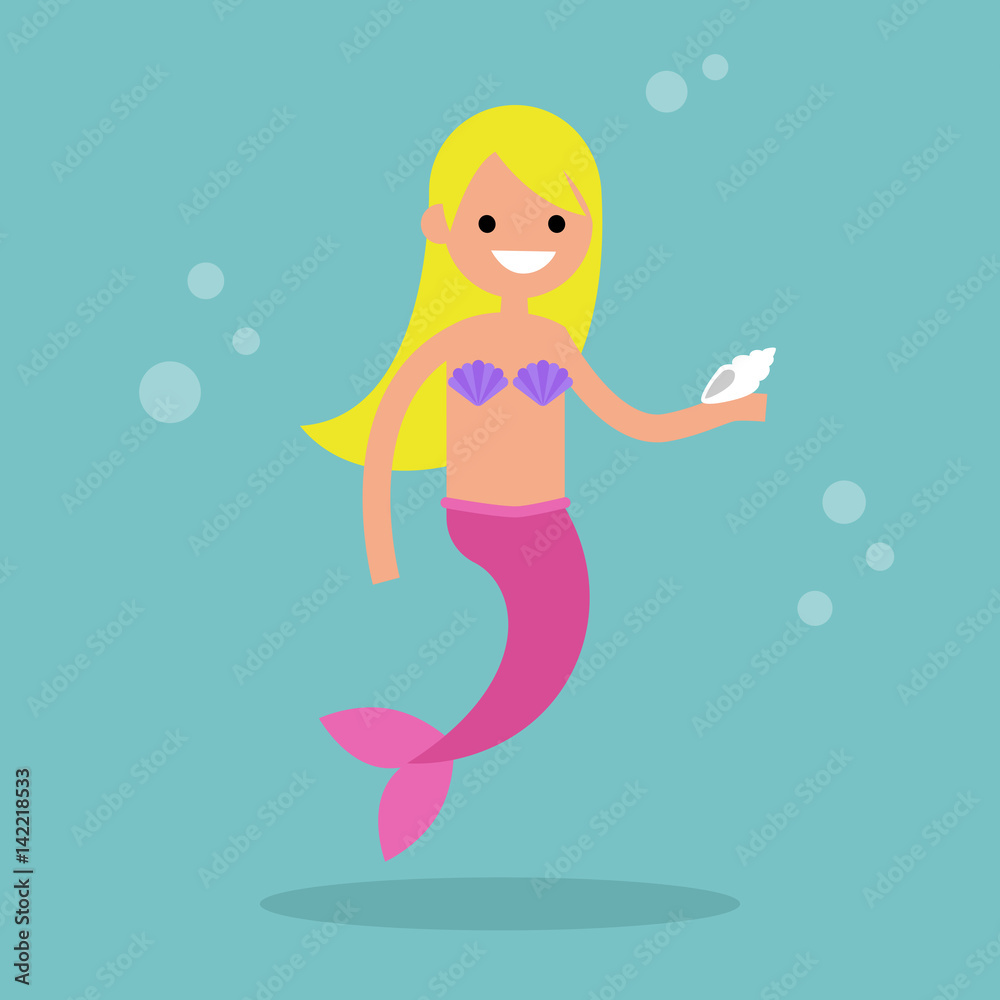 Fairytale blond mermaid holding a shell / flat editable vector illustration, clip art Fairytale blond mermaid holding a shell / flat editable vector illustration, clip art
