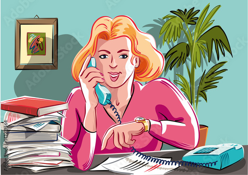 Young secretary, submerged by the office work, answer a call on the phone.