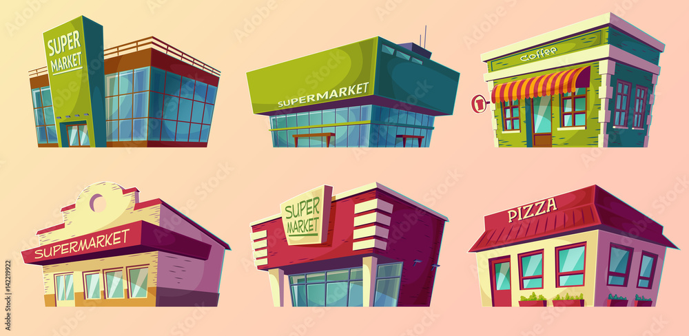 Set of vector cartoon illustrations, icons retro and modern supermarket, coffee shop, pizzeria Set of vector cartoon illustrations, icons retro and modern supermarket, coffee shop, pizzeria