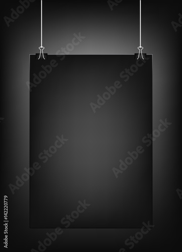 Black vertical poster template hanging on clips, isolated on a black background. Poster realistic mokcup on a wall . Eps 10 vector illustration