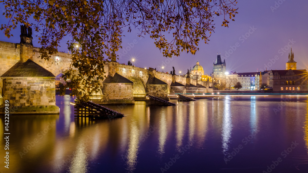 Night view of Prague, Charles Bridge like postcard view.