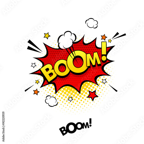 Comic speech bubble with expression text Boom! and stars with halftone. Vector bright dynamic cartoon illustration in retro pop art style isolated on white background.