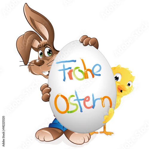 Osterhase und Kücken verstecken sich hinter Osterei Frohe Ostern