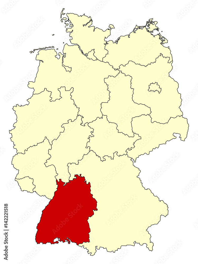 Yellow map of Germany with federal state Baden-Württemberg isolated in red. Vector illustration. EPS10