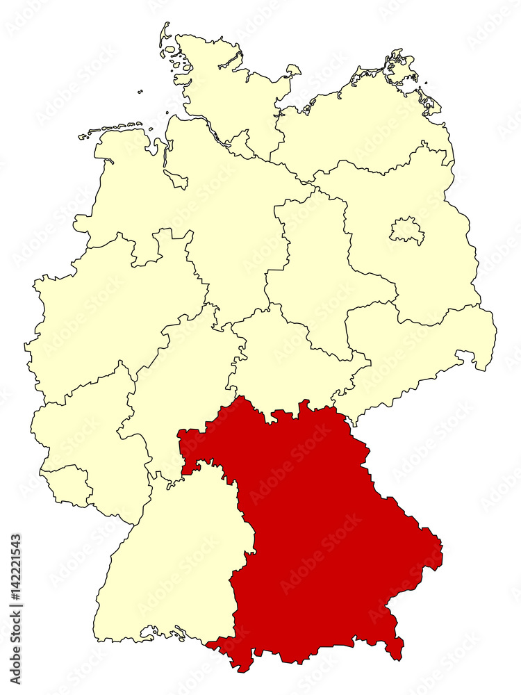 Yellow map of Germany with federal state Bavaria isolated in red. Vector illustration. EPS10