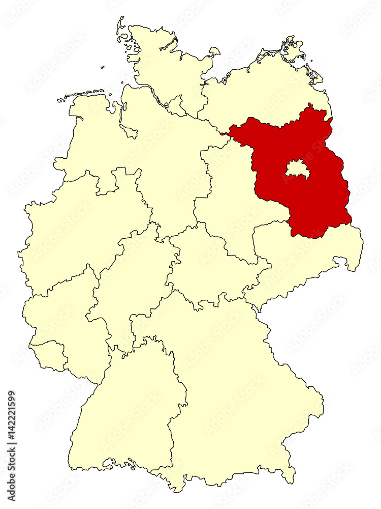 Yellow map of Germany with federal state Brandenburg isolated in red. Vector illustration. EPS10