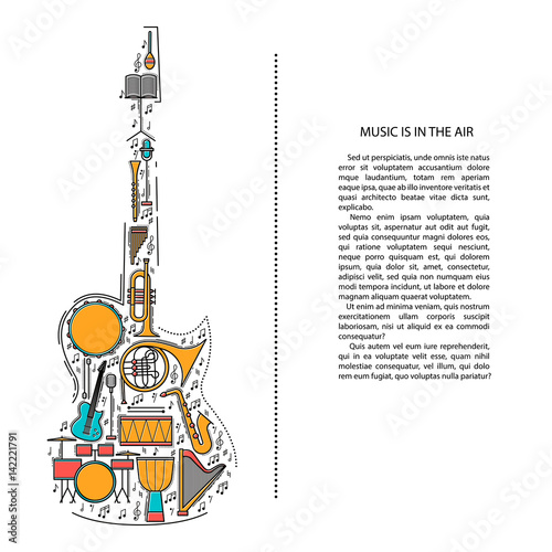 Music instrument line icons in electric guitar shape. Art musical brochure element. Vector decorative greeting card or invitation design background. Creative booklet concept. Magazine cover