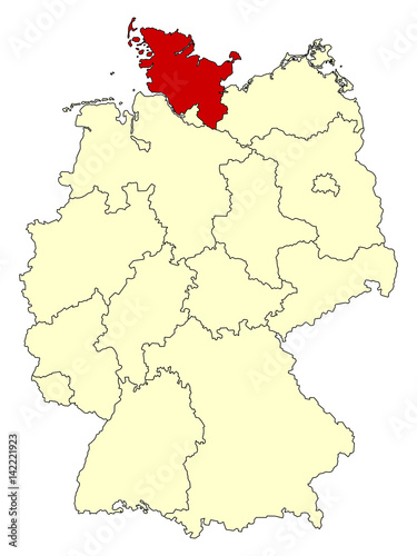 Yellow map of Germany with federal state Schleswig-Holstein isolated in red. Vector illustration. EPS10