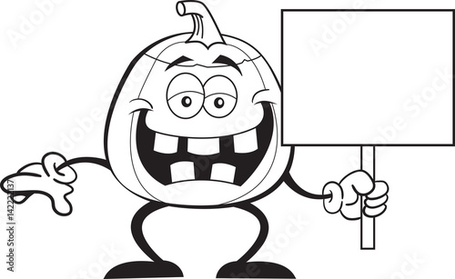 Black and white illustration of a pumpkin holding a sign.