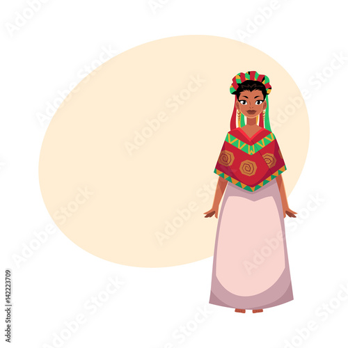 Mexican woman in national clothes, serape shawl and flower crown, head wreath, cartoon vector illustration with place for text. Full length portrait of Mexican woman in national clothes