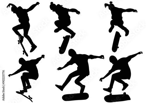 Set of silhouettes teenager jumping on a skateboard
