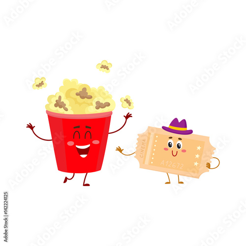 Cinema popcorn and vintage movie ticket characters with smiling human faces, cartoon vector illustration isolated on white background. Popcorn bucket and movie ticket characters, mascots, symbols