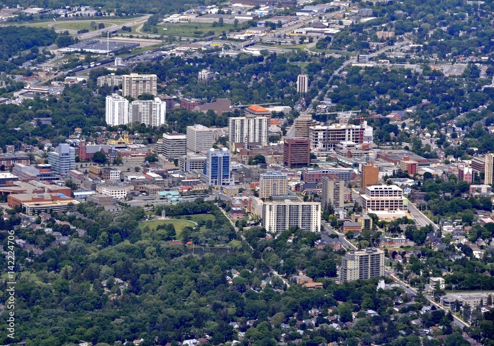 aerial view of  the downtown area Kitchener Waterloo, Ontario Canada 