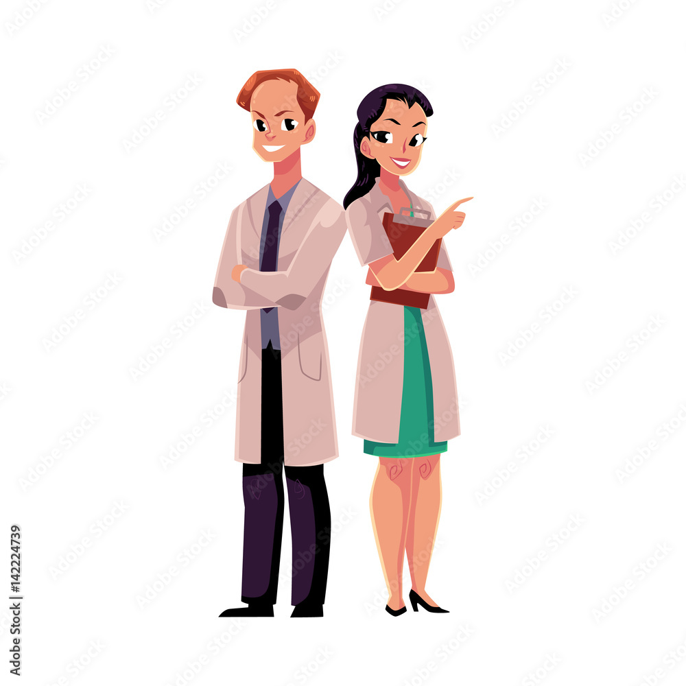 Male and female doctors in white medical coats, man with arms folded, woman pointing right, cartoon vector illustration isolated on white background. Full length portrait of two doctors, front view
