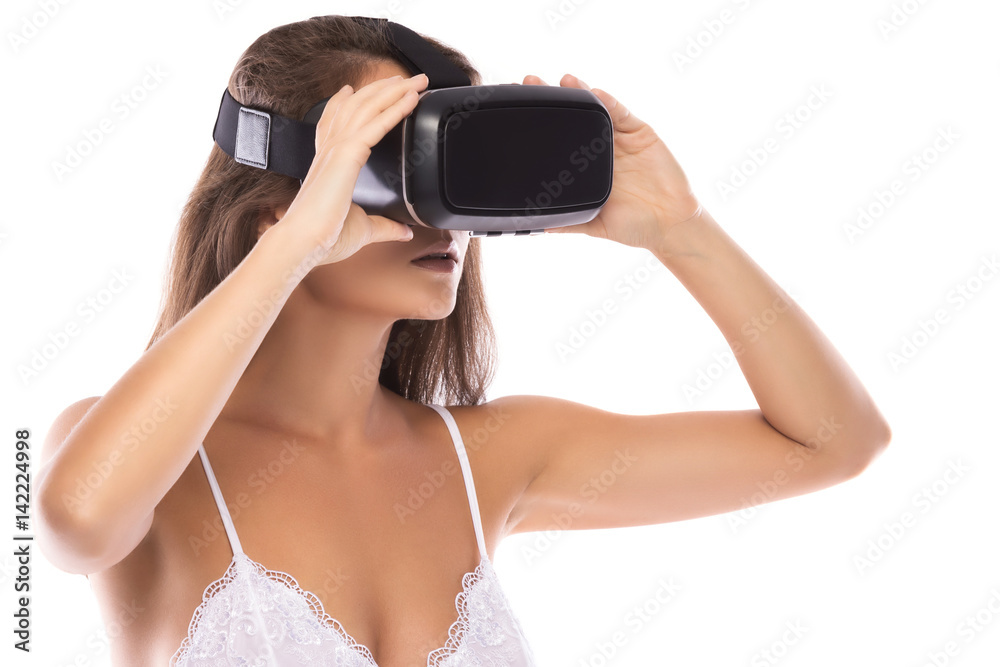 Woman is using VR headset