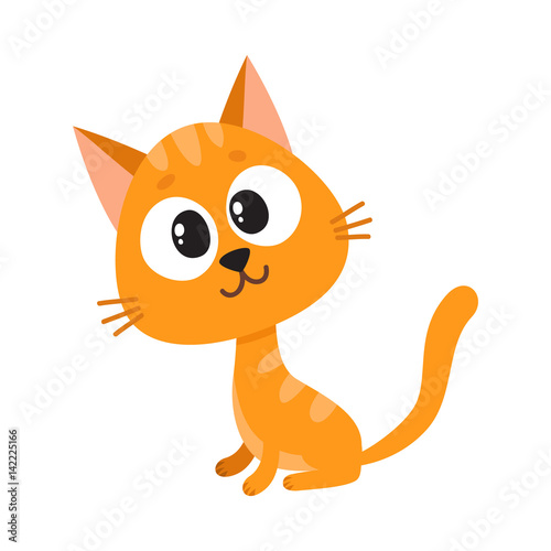 Cute and funny red cat character, sitting and looking curiously, interested, surprised, cartoon vector illustration isolated on white background. Cute and funny curious red cat character