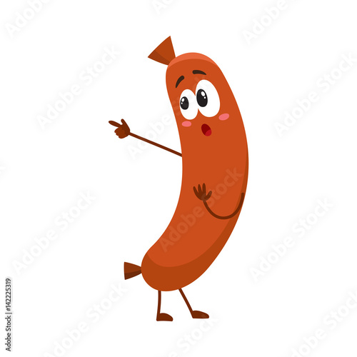 Cute and funny sausage character with human face pointing to something with fear, showing love, cartoon vector illustration isolated on white background. Sausage character, mascot, scared, fear