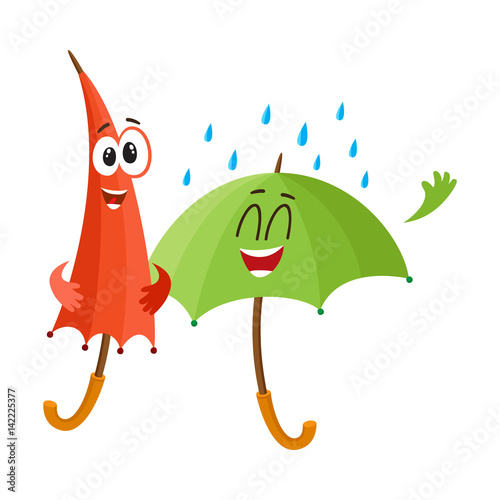 Two funny umbrella characters with human faces, open and closed, under rain, cartoon vector illustration isolated on white background. Couple of funny umbrella, parasol characters, happy with rain