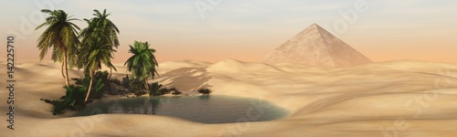 Panorama of a sandy desert with an oasis and a pyramid